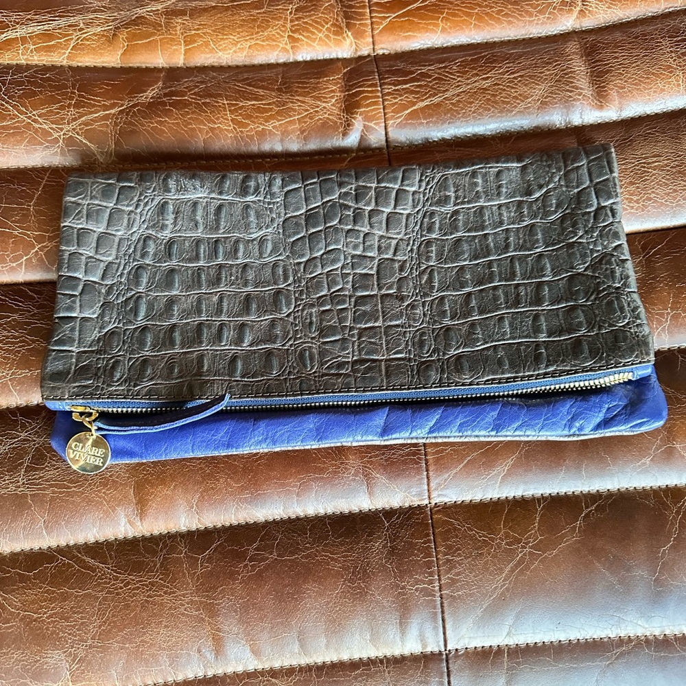Clare Vivier Leather Foldover Clutch Purse- Brown & Bluetooth
